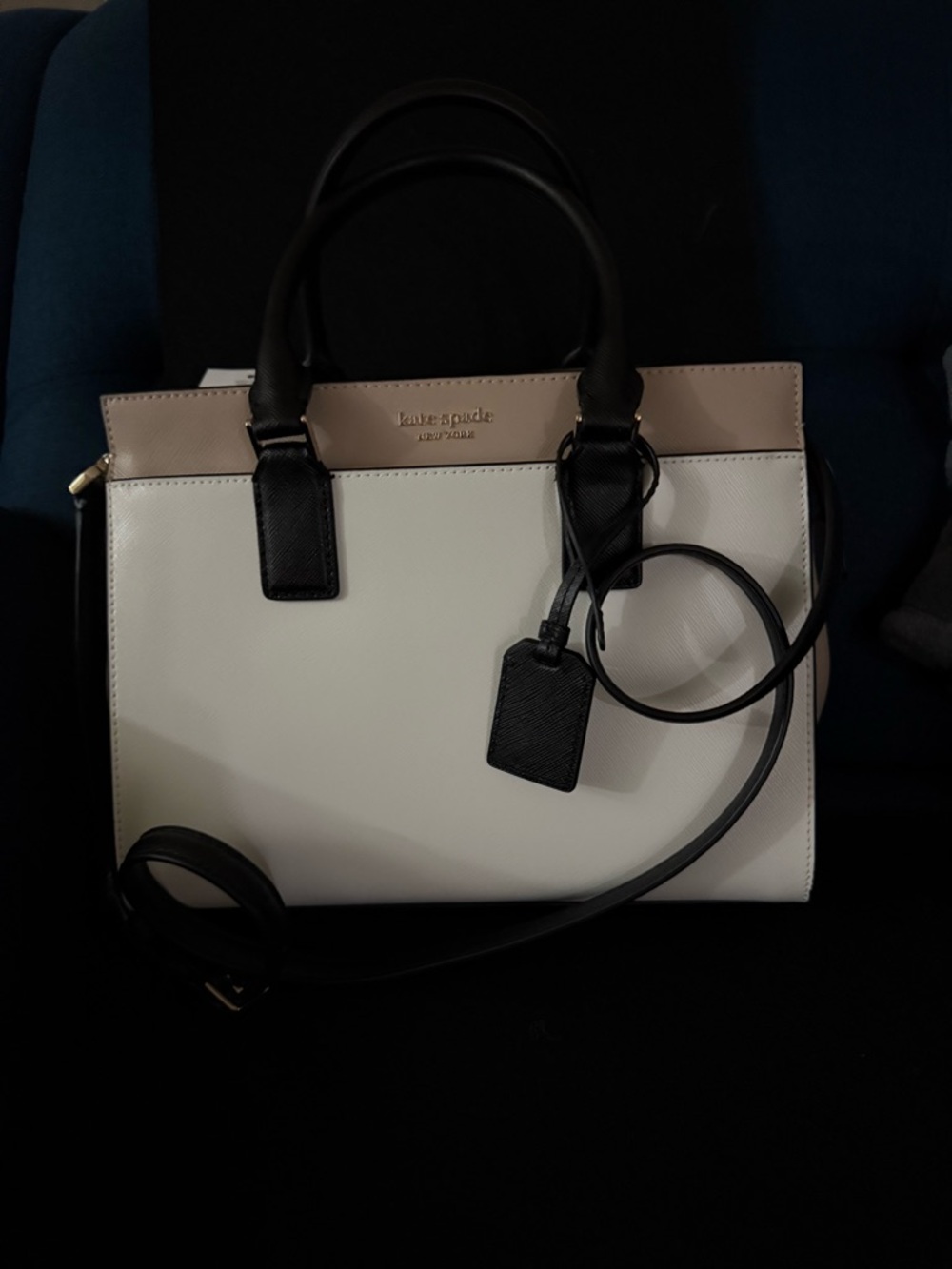 Kate Spade Colorblock Leather Satchel - White and Beige with Black Trim
